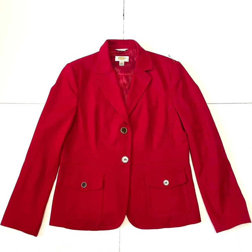 Talbots Womens Wool Blend Red Blazer Crest Buttons Jacket Coat Lined Sz 8